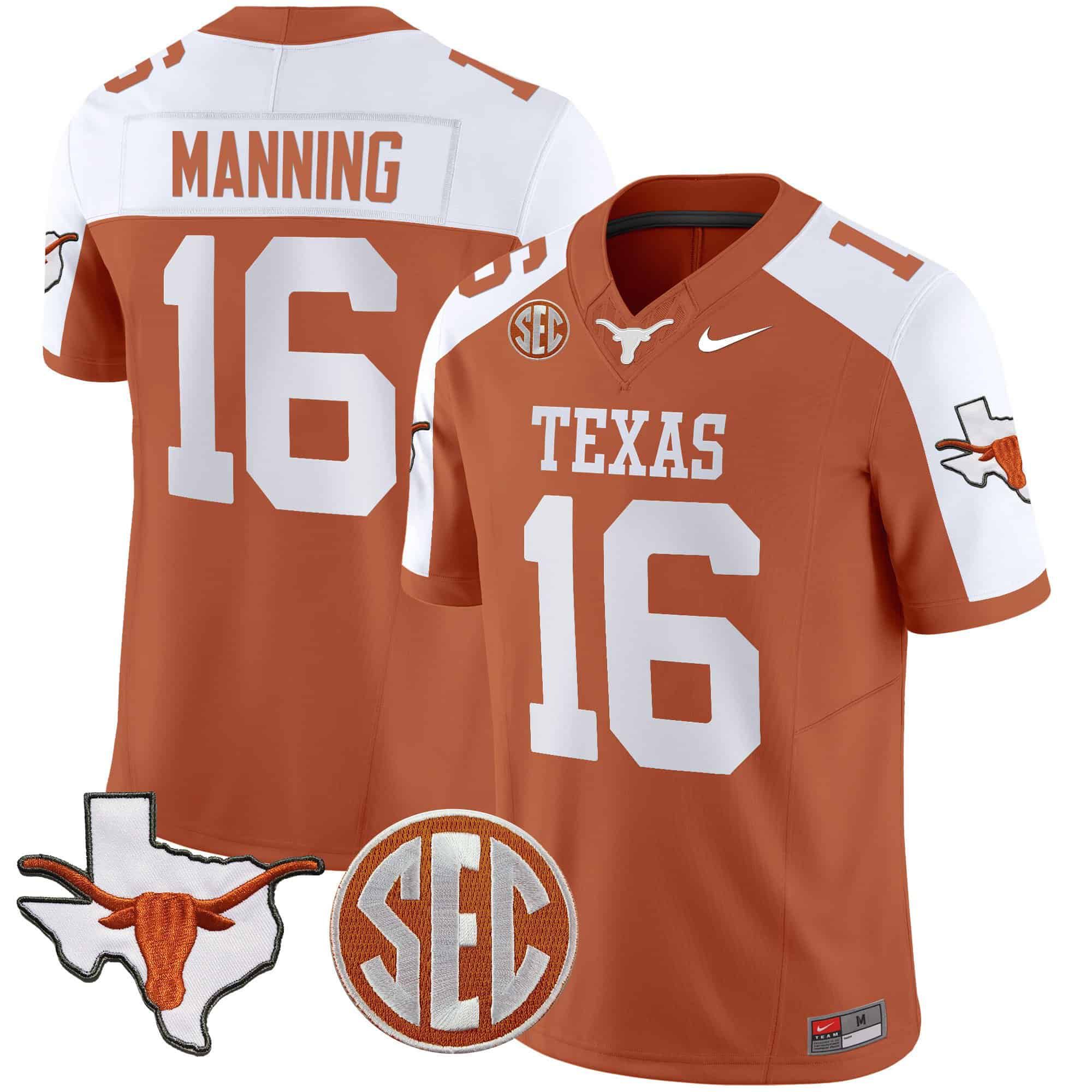 Men Texas Longhorns #16 Manning Orange 2024 Nike State Map & SEC Patch Vapor NCAA Jersey